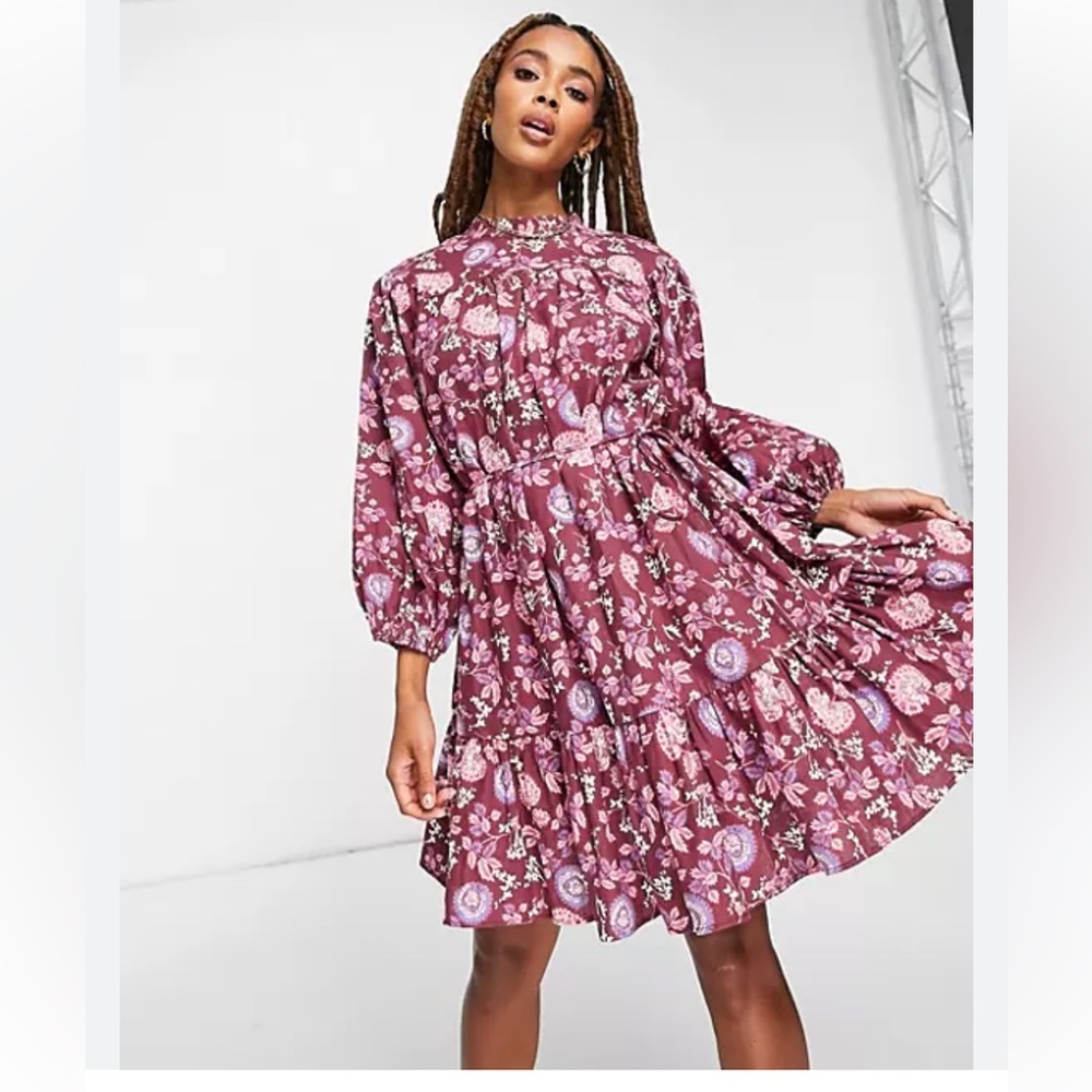 Topshop Long Sleeve Woven Floral Mini Dress in Paisley cotton/linen size 4 NWT